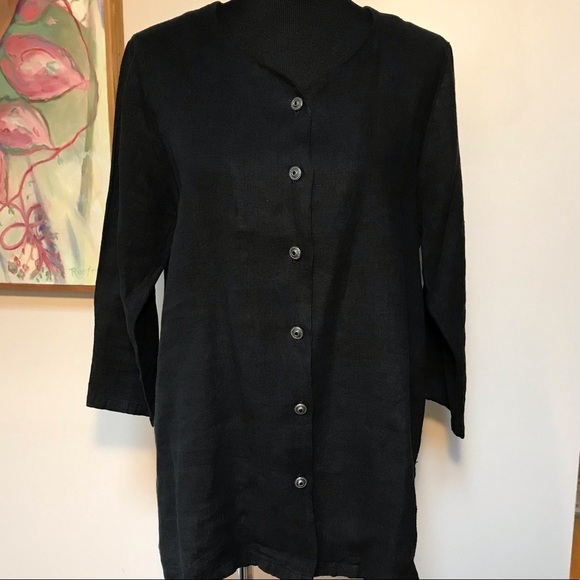 Vintage Linen Shirt Lagenlook Black Linen Small - Picture 2 of 8